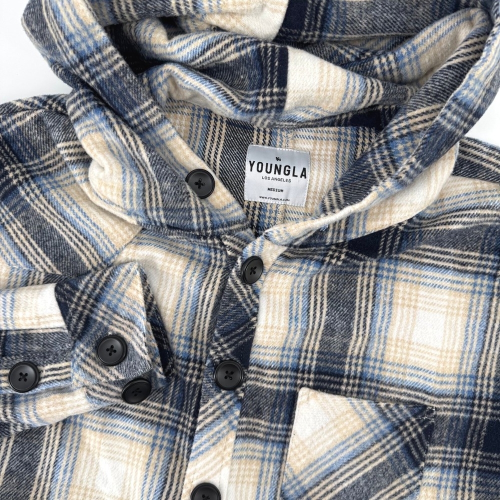 YoungLA Hooded Flannel Shirt Shacket Medium Blue Plaid Chptr 4 Version 2.0 Jkt